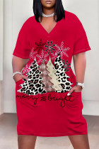 Red Casual Party Plaid Leopard Print Snowflakes Christmas Tree Print Pocket Contrast V Neck Printed Plus Size Dresses