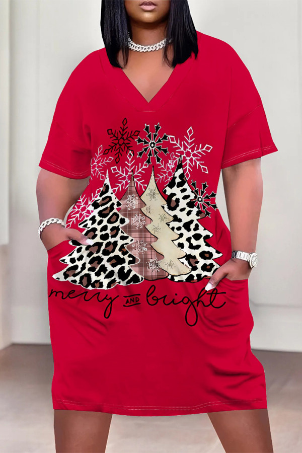 Red Casual Party Plaid Leopard Print Snowflakes Christmas Tree Print Pocket Contrast V Neck Printed Plus Size Dresses