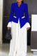 Blue Elegant Buttons Patchwork Contrast V Neck Long Sleeve Two Pieces