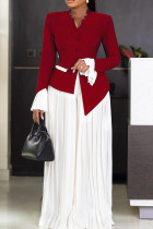 Red Elegant Buttons Patchwork Contrast V Neck Long Sleeve Two Pieces