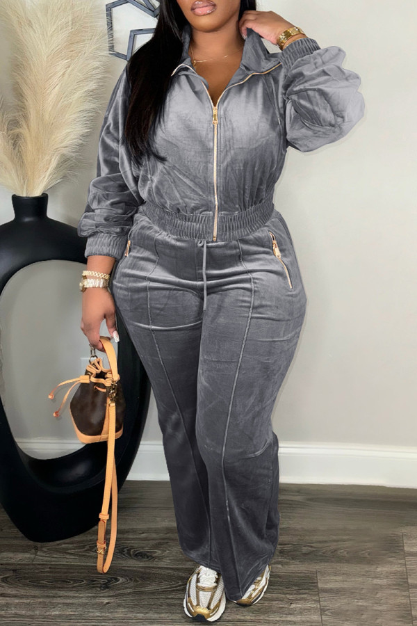 Grey Casual Solid Color Patchwork Zipper Collar Long Sleeve Two Pieces