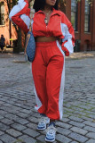 Orange Red Casual Pocket Patchwork Zipper Contrast Zipper Collar Long Sleeve Two Pieces