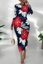 Tibetan Blue Casual Print Patchwork O Neck Wrapped Skirt Dresses