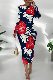 Tibetan Blue Casual Print Patchwork O Neck Wrapped Skirt Dresses