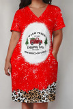 Black Red Casual Party Plaid Leopard Print Snowflakes Christmas Tree Print Pocket Contrast V Neck Printed Plus Size Dresses
