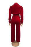 Red Casual Solid Color Patchwork Zipper Collar Long Sleeve Two Pieces