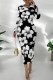Black And White Casual Print Patchwork O Neck Wrapped Skirt Dresses