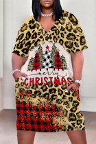 Leopard Print Casual Party Plaid Leopard Print Snowflakes Christmas Tree Print Pocket Contrast V Neck Printed Plus Size Dresses