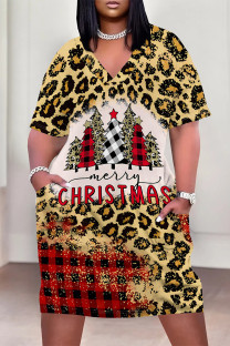 Leopard Print Casual Party Plaid Leopard Print Snowflakes Christmas Tree Print Pocket Contrast V Neck Printed Plus Size Dresses