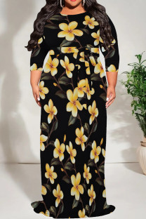 Black Yellow Casual Print Patchwork Strap Design O Neck Long Plus Size Dresses