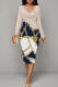Light Khaki Casual Print Patchwork V Neck Wrapped Skirt Dresses