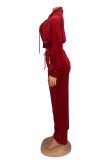Red Casual Solid Color Patchwork Zipper Collar Long Sleeve Two Pieces