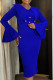 Blue Elegant Solid Color Buttons Patchwork V Neck Wrapped Skirt Dresses