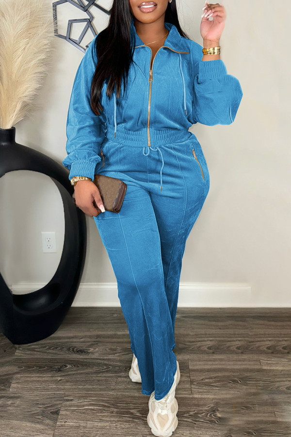 Blue Casual Solid Color Patchwork Zipper Collar Long Sleeve Two Pieces
