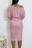 Pink Party Formal Elegant Solid Color Sequins Patchwork Oblique Collar Long Sleeve Two Pieces