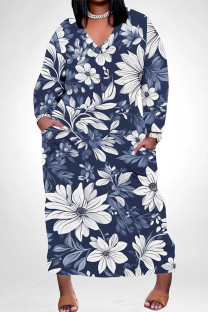 Deep Blue Casual Street Floral Print Pocket Contrast V Neck Printed Plus Size Dresses
