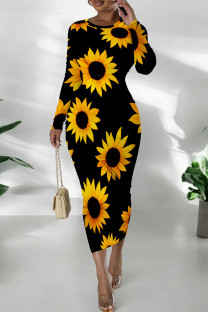 Black Yellow Casual Print Patchwork O Neck Wrapped Skirt Dresses