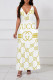 White Yellow Sexy Street Letter Print Pocket Contrast V Neck Printed Dresses