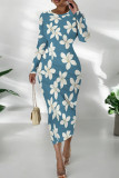 Tibetan Blue Casual Print Patchwork O Neck Wrapped Skirt Dresses
