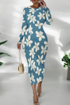 Blue White Casual Print Patchwork O Neck Wrapped Skirt Dresses