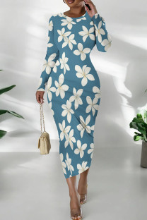 Blue White Casual Print Patchwork O Neck Wrapped Skirt Dresses