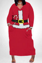 Deep Red Casual Party Santa Claus Print Pocket Contrast V Neck Plus Size Dresses