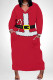 Deep Red Casual Party Santa Claus Print Pocket Contrast V Neck Plus Size Dresses