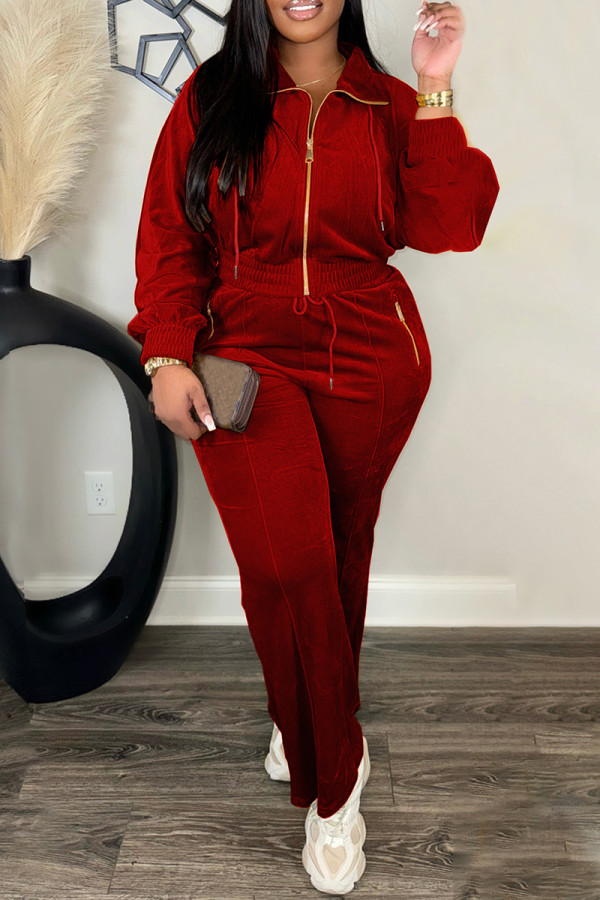 Red Casual Solid Color Patchwork Zipper Collar Long Sleeve Two Pieces