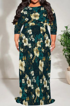 Ink Green Casual Print Patchwork Strap Design O Neck Long Plus Size Dresses