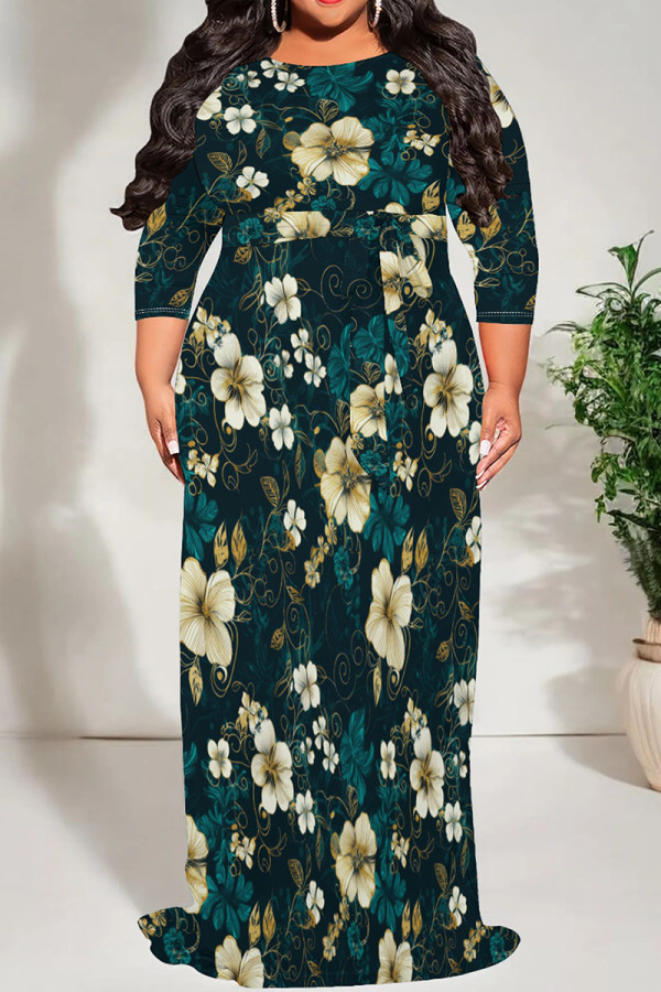 Ink Green Casual Print Patchwork Strap Design O Neck Long Plus Size Dresses