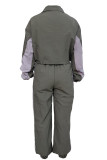 Gray Purple Casual Pocket Patchwork Zipper Contrast Zipper Collar Long Sleeve Two Pieces
