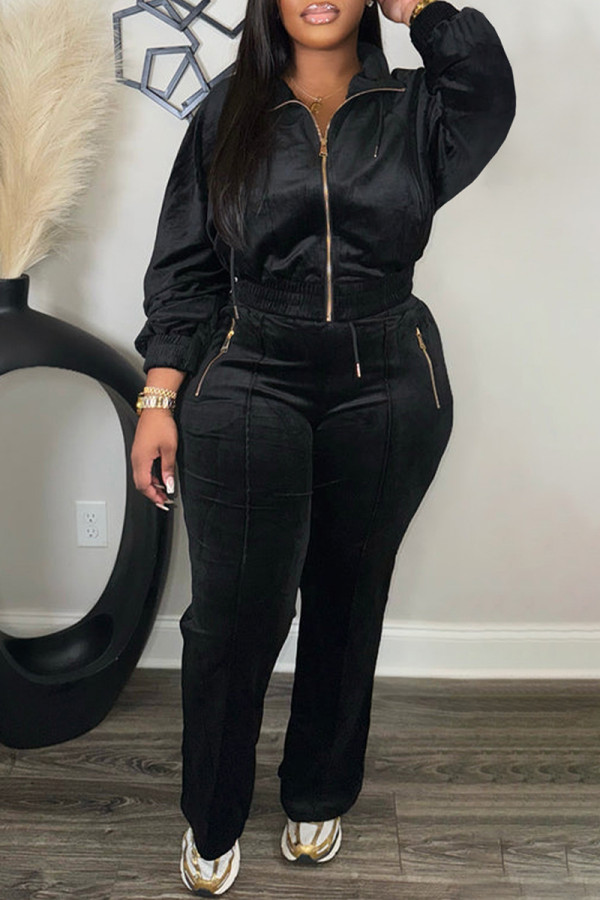 Black Casual Solid Color Patchwork Zipper Collar Long Sleeve Two Pieces