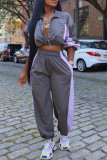 Gray Purple Casual Pocket Patchwork Zipper Contrast Zipper Collar Long Sleeve Two Pieces