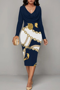 Tibetan Blue Casual Print Patchwork V Neck Wrapped Skirt Dresses