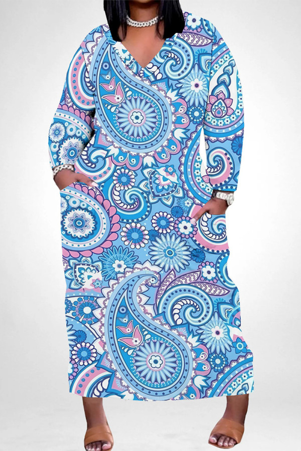 Sky Blue Casual Street Floral Print Pocket Contrast V Neck Printed Plus Size Dresses