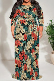 Ink Green Casual Print Patchwork Strap Design O Neck Long Plus Size Dresses