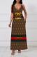 Coffee Sexy Street Letter Print Stripe Pocket Contrast V Neck Printed Dresses