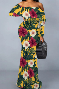 Yellow Red Casual Print Patchwork Backless Off Shoulder Long Dresses