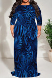 Ink Green Casual Print Patchwork Strap Design O Neck Long Plus Size Dresses