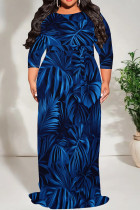 Dark Blue Casual Print Patchwork Strap Design O Neck Long Plus Size Dresses
