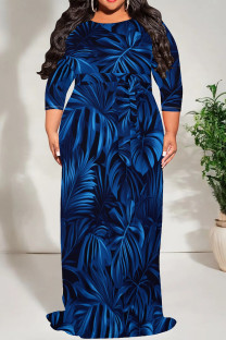 Dark Blue Casual Print Patchwork Strap Design O Neck Long Plus Size Dresses