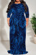 Dark Blue Casual Print Patchwork Strap Design O Neck Long Plus Size Dresses