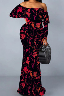 Black Red Casual Print Patchwork Backless Off Shoulder Long Dresses