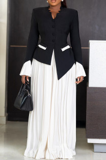 Black Elegant Buttons Patchwork Contrast V Neck Long Sleeve Two Pieces