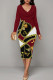 Burgundy Casual Print Patchwork V Neck Wrapped Skirt Dresses