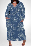 Sky Blue Casual Street Floral Print Pocket Contrast V Neck Printed Plus Size Dresses