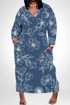 Tibetan Blue Casual Street Floral Print Pocket Contrast V Neck Printed Plus Size Dresses