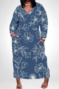 Tibetan Blue Casual Street Floral Print Pocket Contrast V Neck Printed Plus Size Dresses