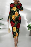 Tibetan Blue Casual Print Patchwork O Neck Wrapped Skirt Dresses