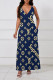 Tibetan Blue Sexy Street Letter Print Gradient Pocket Contrast V Neck Printed Dresses